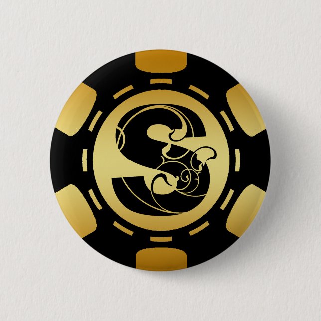 BLACK AND GOLD MONOGRAM LETTER S POKER CHIP 6 CM ROUND BADGE (Front)