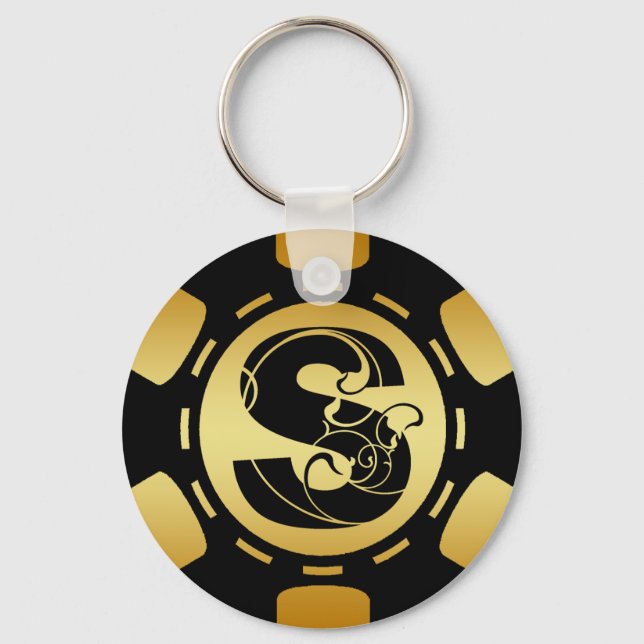 BLACK AND GOLD MONOGRAM LETTER S POKER CHIP KEY RING (Front)