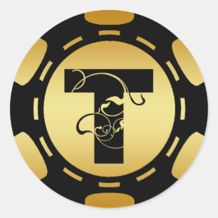 BLACK AND GOLD MONOGRAM LETTER T POKER CHIP CLASSIC ROUND STICKER