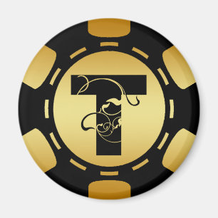 BLACK AND GOLD MONOGRAM LETTER T POKER CHIP MAGNET