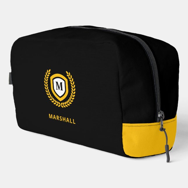 Black and Gold Monogram Logo Crest Dopp Kit (Right Corner)