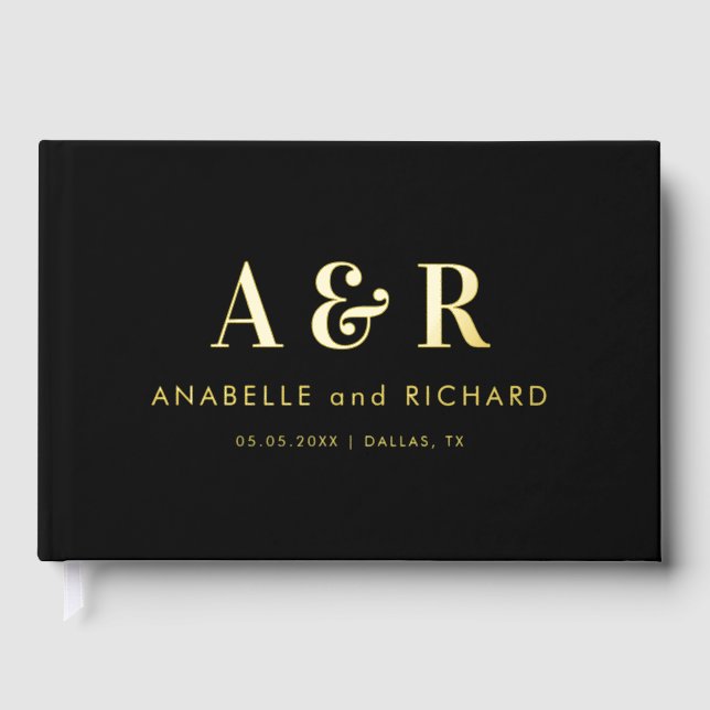 Black and Gold Monogram Minimalist Wedding Foil Guest Book (Front)