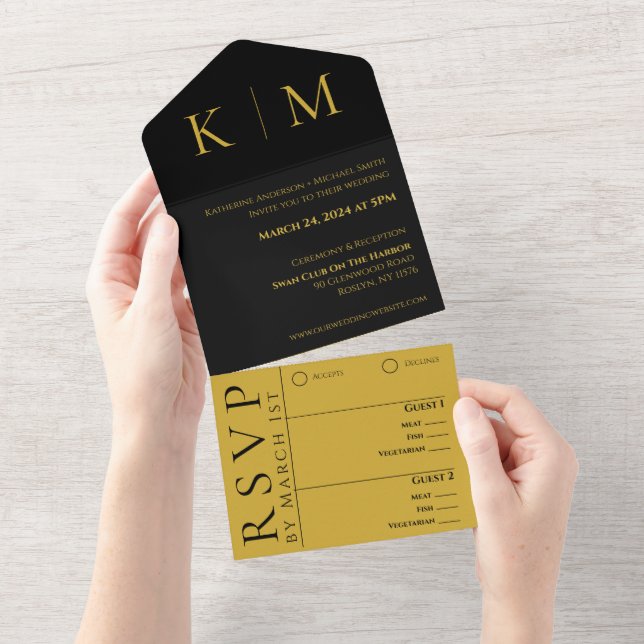 Black and Gold-Monogram-Modern-Wedding- All In One Invitation (Tearaway)