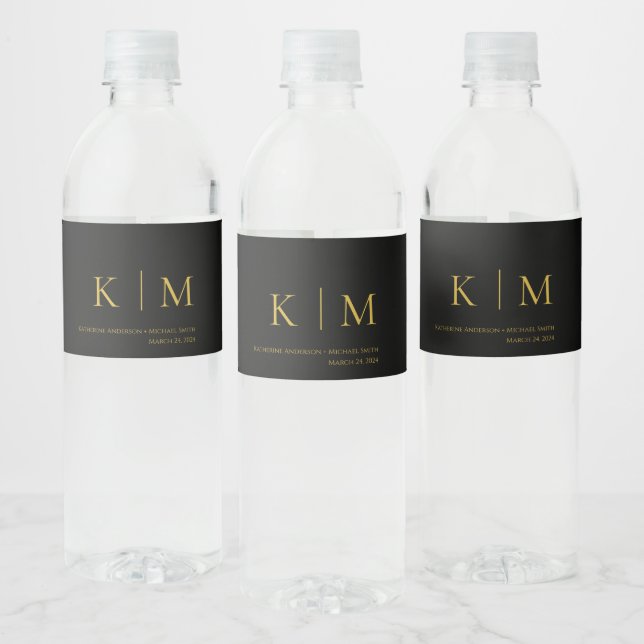 Black and Gold-Monogram-Modern Wedding- Water Bottle Label (Bottles)