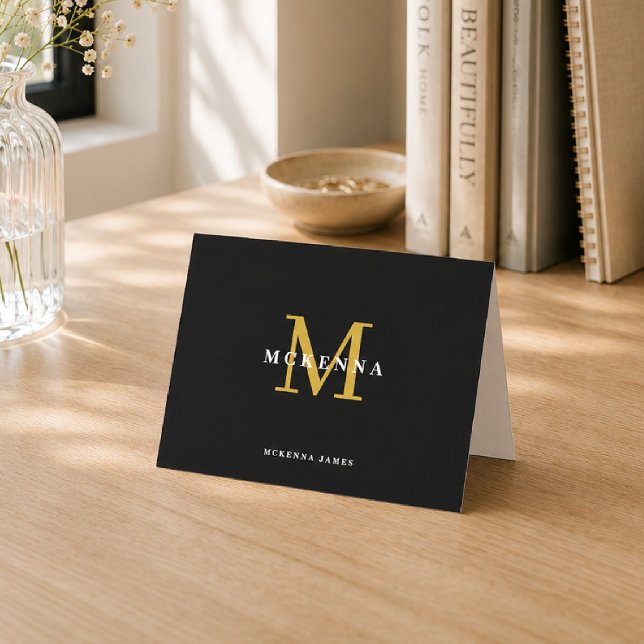 Black and Gold Monogram Name Personal Stationery Note Card (Creator Uploaded)