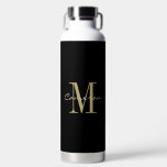 Black and Gold Monogram Personalised Gift Water Bottle<br><div class="desc">Gold Monogram Initial and Name Personalised</div>