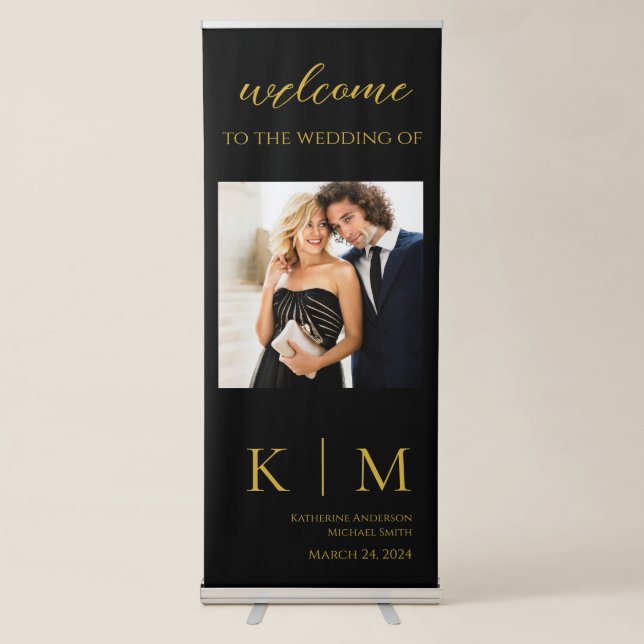 Black and Gold-Monogram-Photo-Wedding- Retractable Banner (Front)