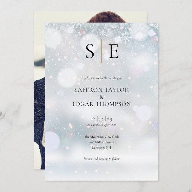 Black And Gold Monogram Photo Winter Wedding Invitation (Front/Back)