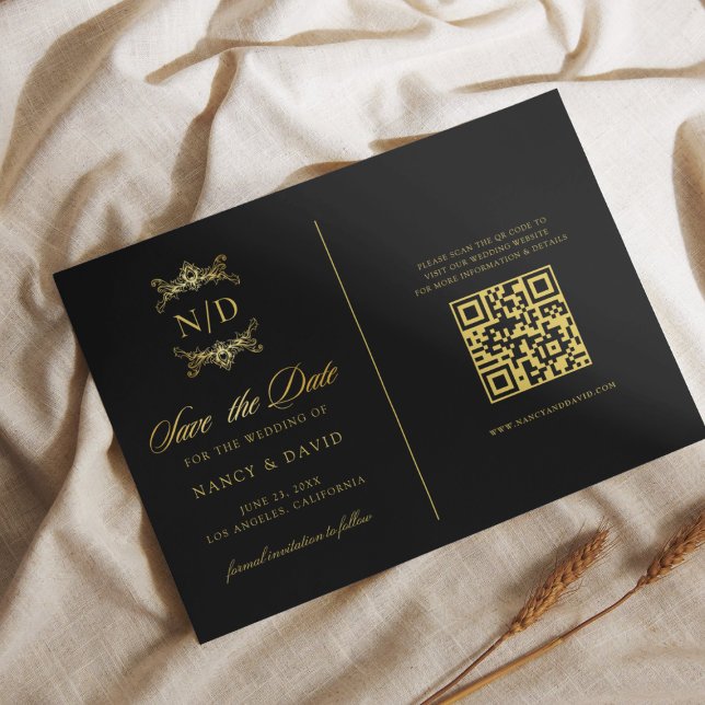 Black And Gold Monogram Qr Code Wedding Save The Date (Creator Uploaded)
