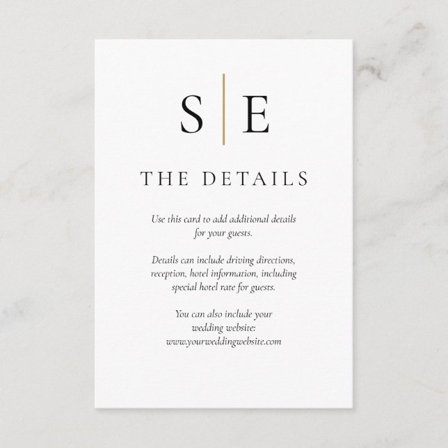 Black And Gold Monogram Simple Wedding Details Enclosure Card (Front)