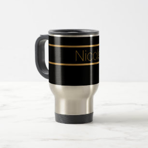 black and gold monogram travel mug