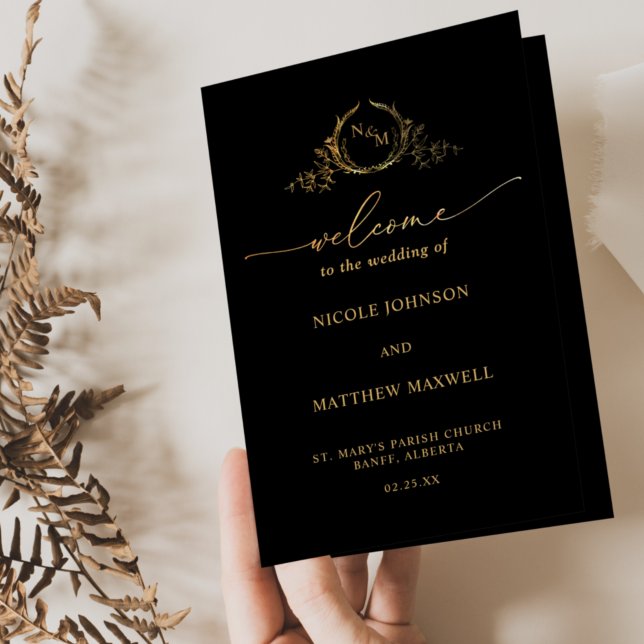 Black and Gold Monogram Wedding Folded Program (Creator Uploaded)