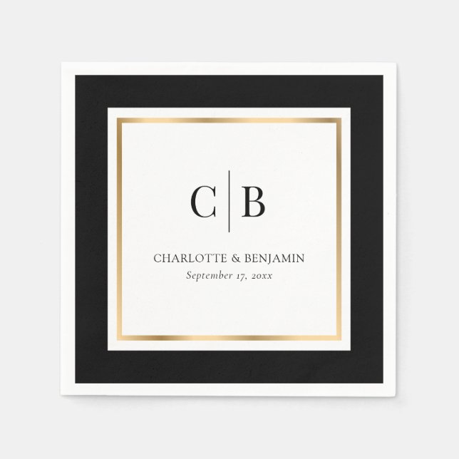 Black and Gold Monogram Wedding Napkin (Front)