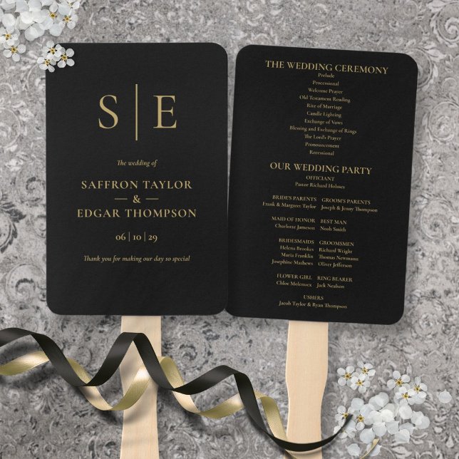 Black And Gold Monogram Wedding Program Hand Fan (Black And Gold Monogram Wedding Program Hand Fan)