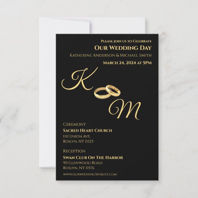 Black and Gold-Monogram-Wedding Rings- Invitation (Front)