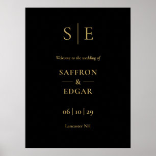 Black And Gold Monogram Wedding Welcome Sign