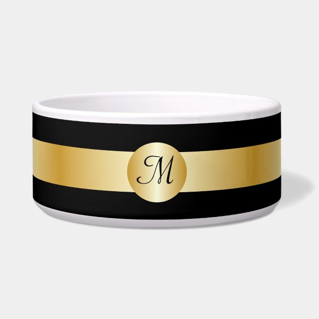 Black And Gold Monogrammed Dog Bowl (Front)