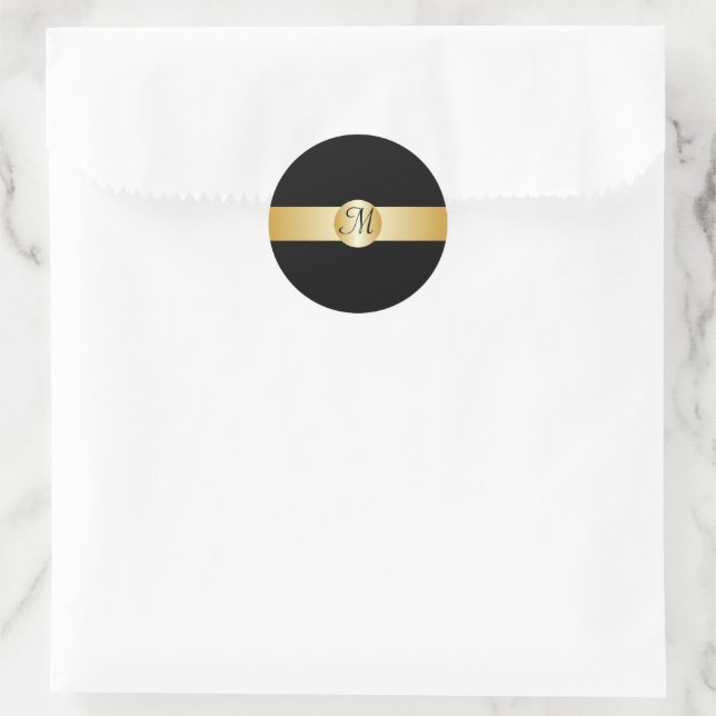 Black And Gold Monogrammed Round Sticker (Bag)