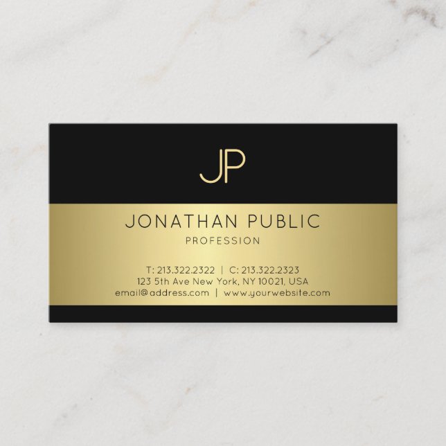 Black And Gold Monogrammed Stylish Glamour Plain Business Card (Front)