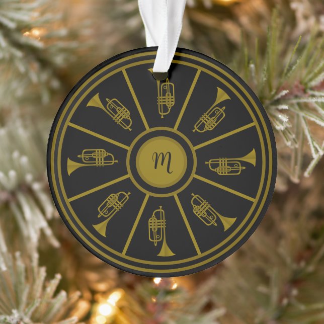 Black and gold motif with trumpets and a monogram ornament (Tree)