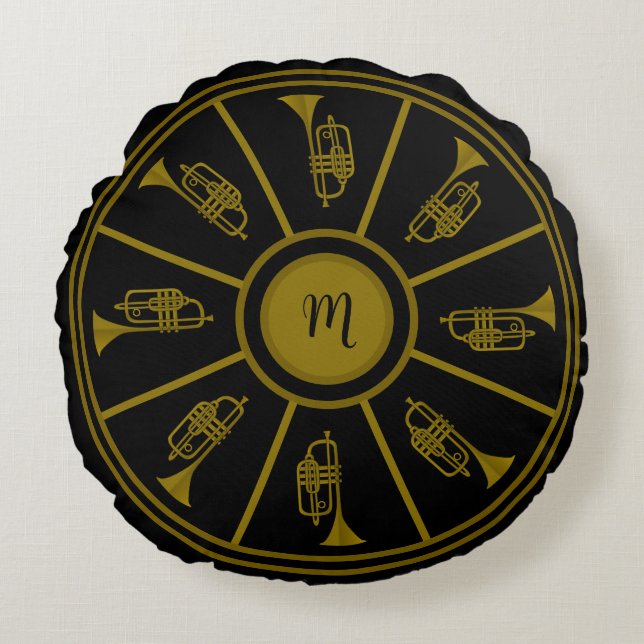 Black and gold motif with trumpets and a monogram round cushion (Front)