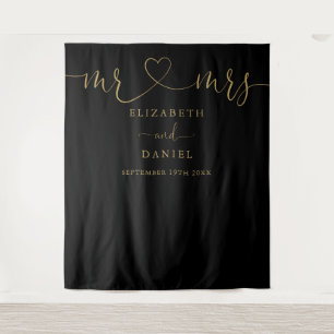 Black And Gold Mr And Mrs Heart Script Wedding Tapestry