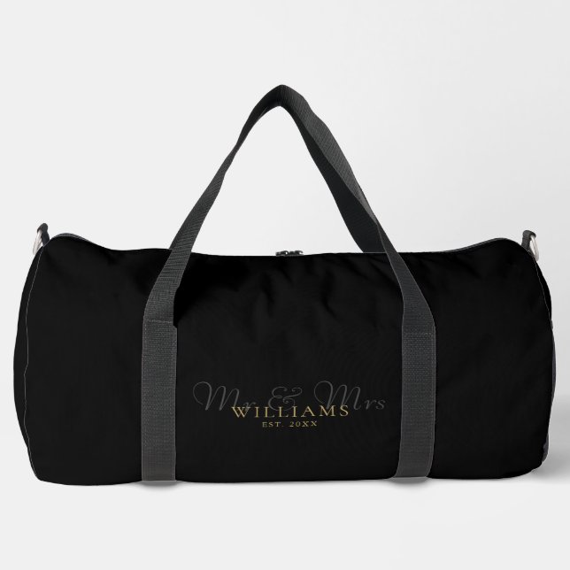 Black And Gold Mr And Mrs Wedding Honeymoon Duffle Bag (Front)