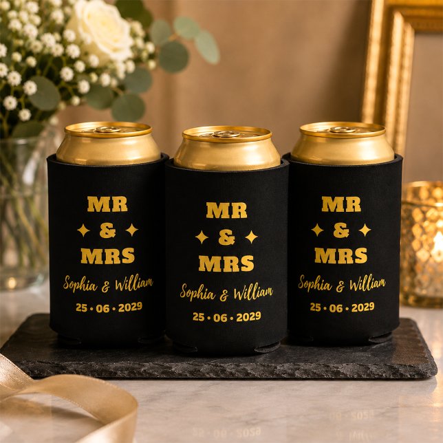 Black and Gold Mr & Mrs Wedding Can Cooler (Creator Uploaded)