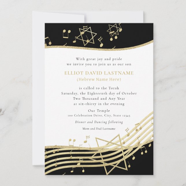 Black and Gold Music Bar Mitzvah Invitation (Front)