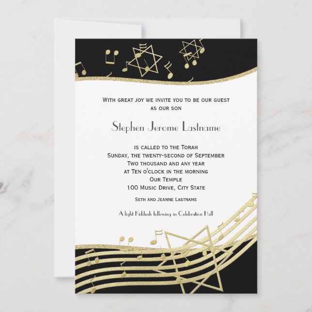 Black and Gold Music Bar Mitzvah Invitation (Front)