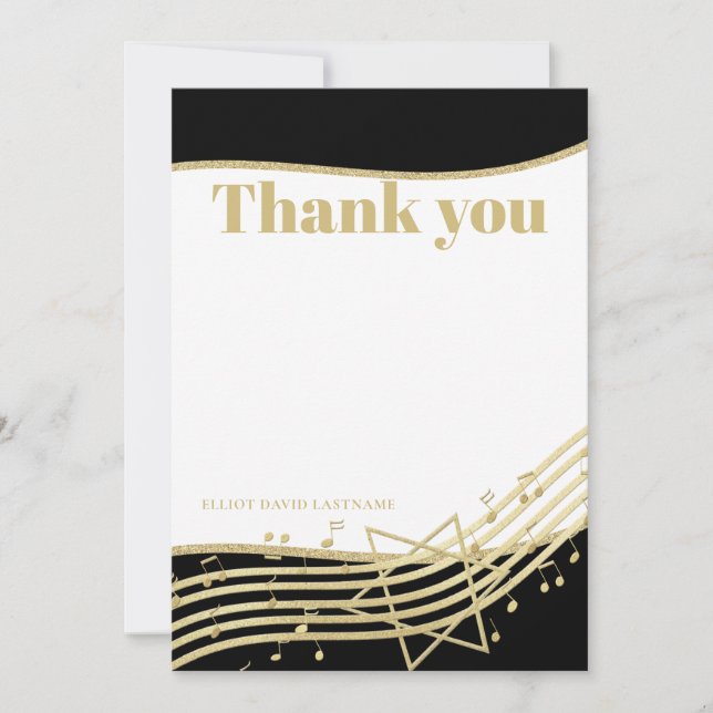 Black and Gold Music Bar Mitzvah Thank You Invitation (Front)