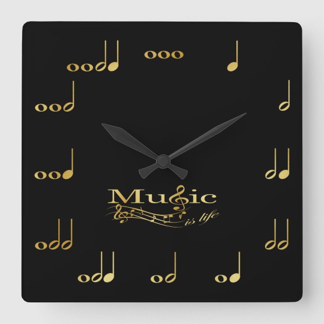 Black and Gold Musical Notes Square Wall Clock (Front)