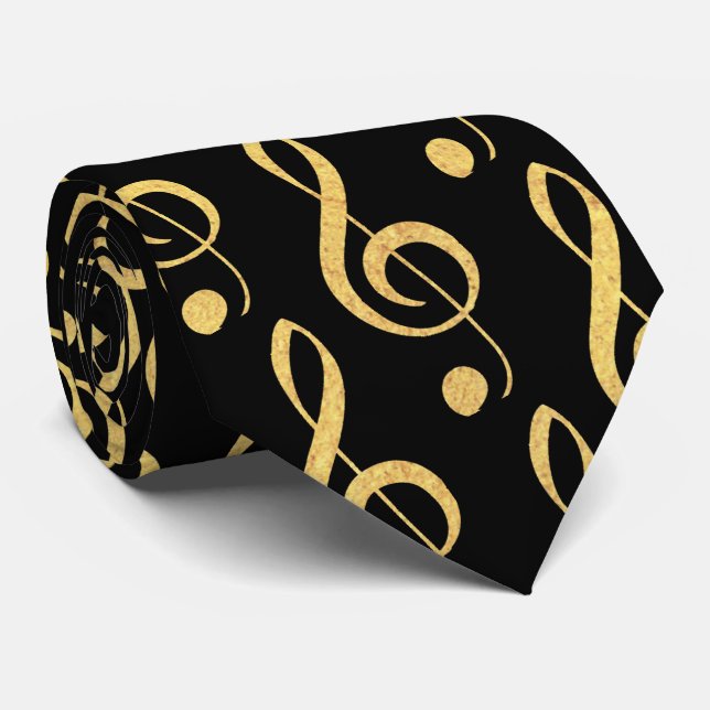 Black and Gold Musical Treble Clef Tie (Rolled)