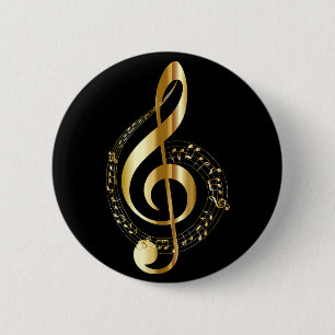 black and gold musicial note 6 cm round badge
