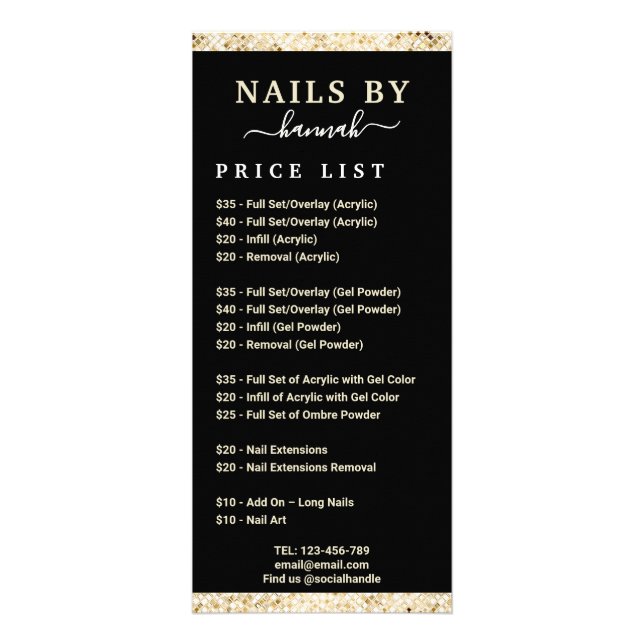 Black and Gold Nail Salon Price List Sign Rack Card (Front)