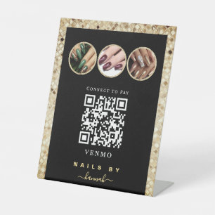 Black and gold Nail Salon Venmo QR Code Payment Pedestal Sign
