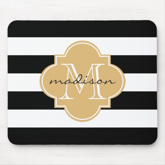 Black and Gold Nautical Stripes Custom Monogram Mouse Mat (Front)