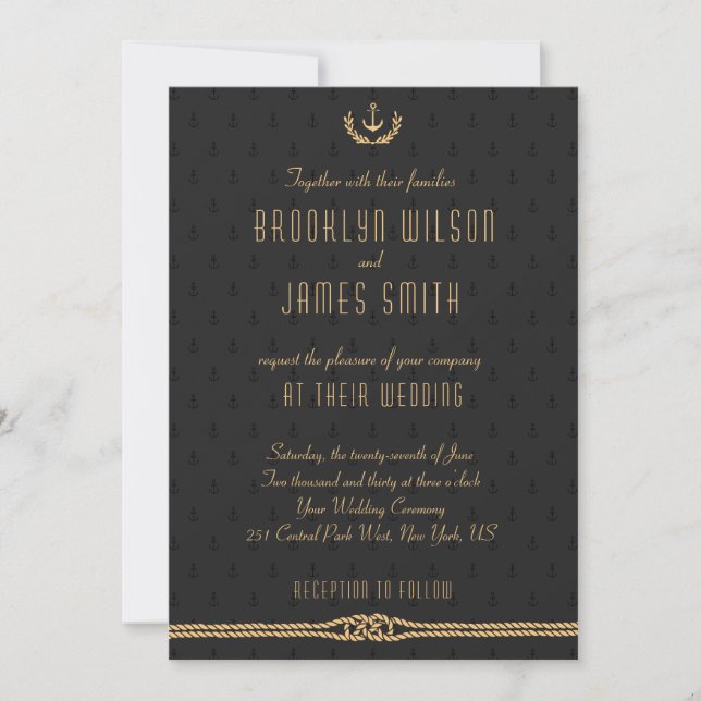 Black And Gold Nautical Wedding Invitations (Front)