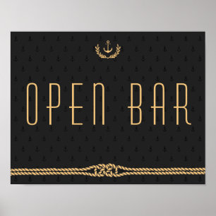 Black And Gold Nautical Wedding Open Bar Sign