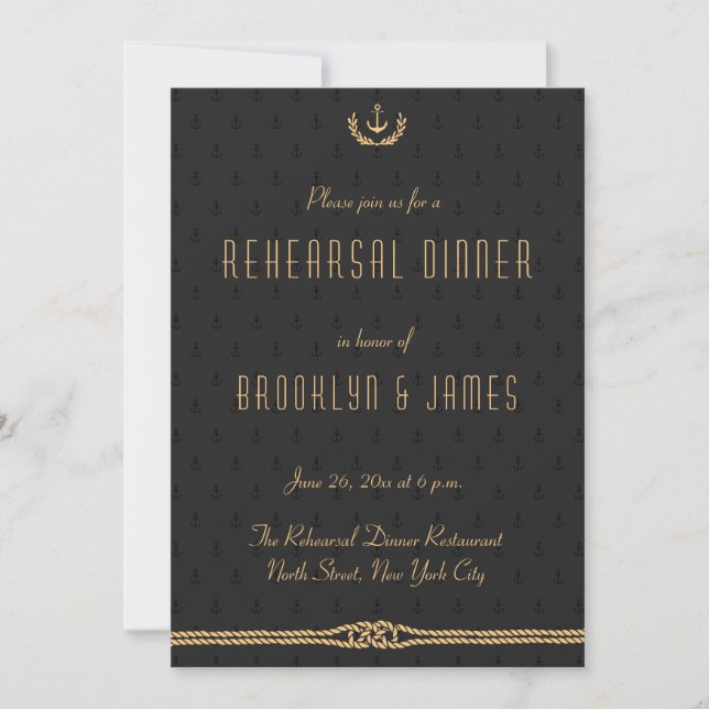 Black And Gold Nautical Wedding Rehearsal Invites (Front)