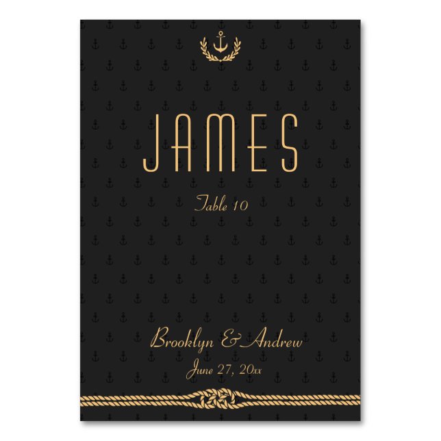 Black And Gold Nautical Wedding Table Place Cards (Front)