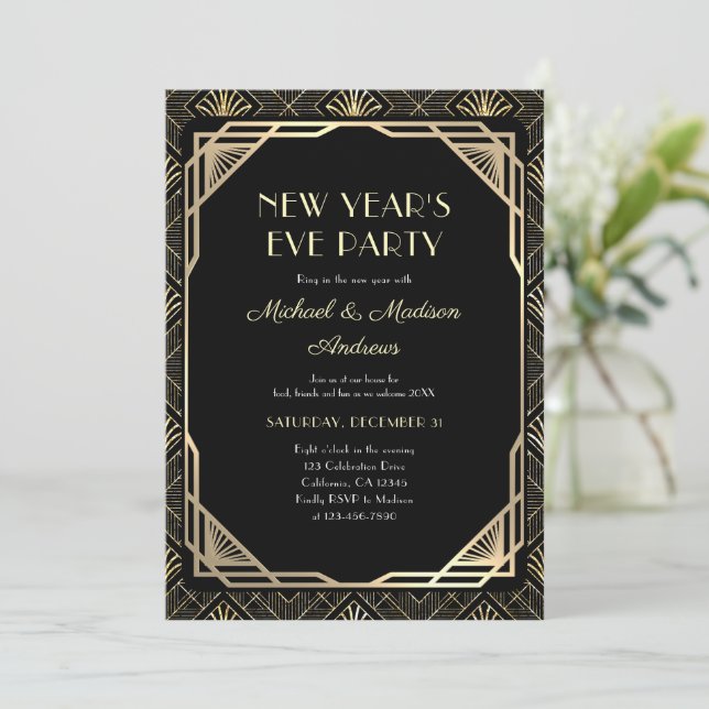 Black and Gold New Year Celebration Party  Invitation (Standing Front)