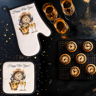 Black and Gold New Year’s Eve Oven Mitt & Pot Holder Set