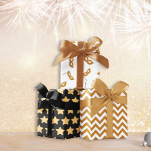 Black and gold New Year set of 3 Wrapping Paper Sheet