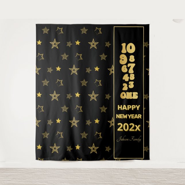 Black and Gold New Years Eve Countdown Party Tapestry (Front)