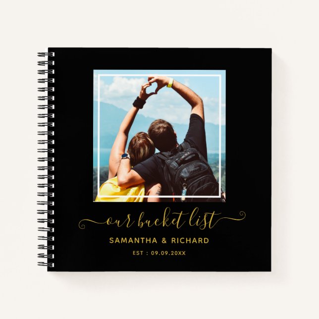 Black And Gold Newlywed Our Bucket List Photo Notebook (Front)