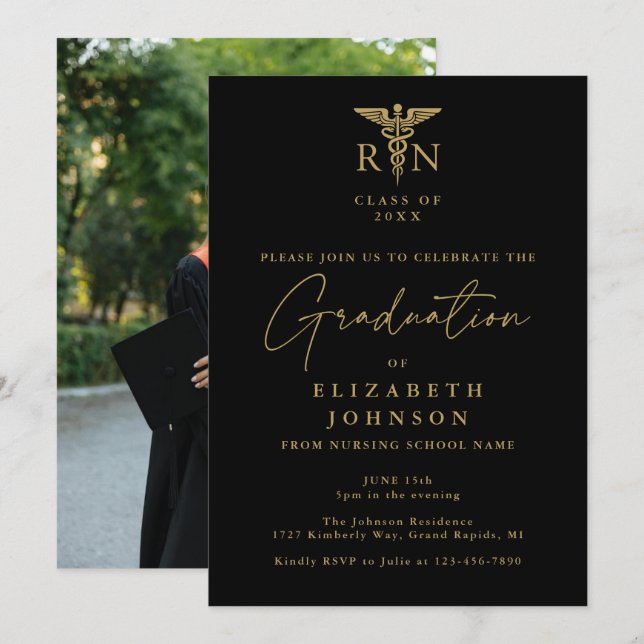 Black And Gold Nursing Photo Graduation Party Invitation (Front/Back)