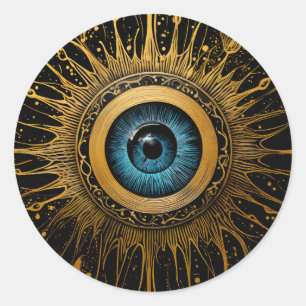 Black and Gold Occult Blue Evil Eye Starburst Classic Round Sticker