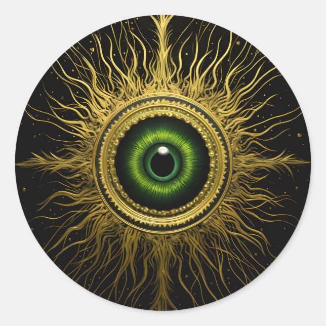 Black and Gold Occult Green Evil Eye Starburst Classic Round Sticker (Front)
