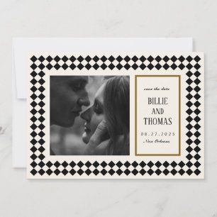 Black and Gold on Ivory Checkerboard Border Jazz Save The Date